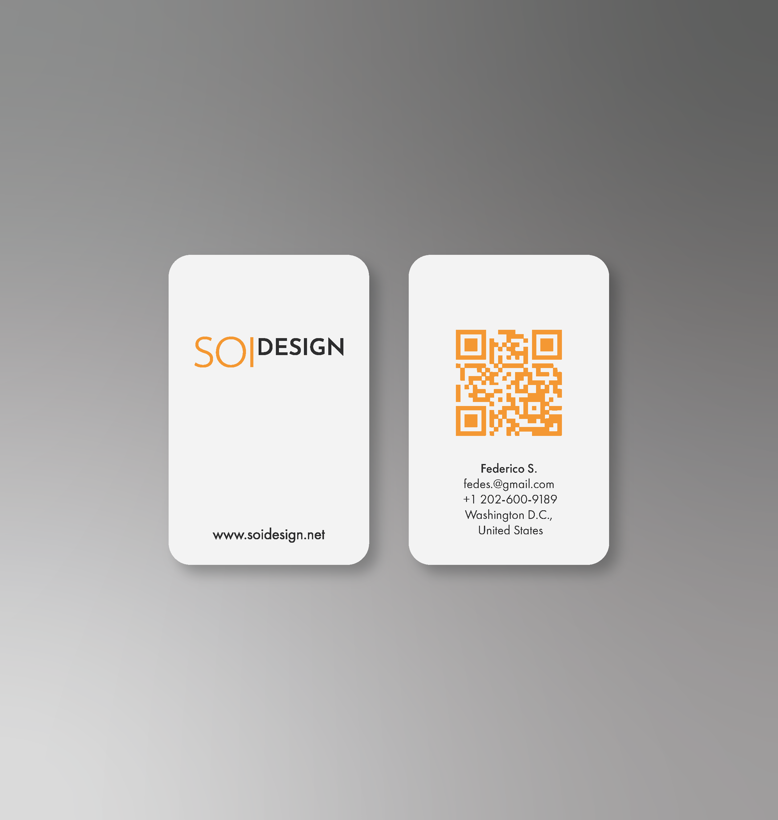 Brand application – Business card design extending the studio's minimalist identity with a QR code for quick access.